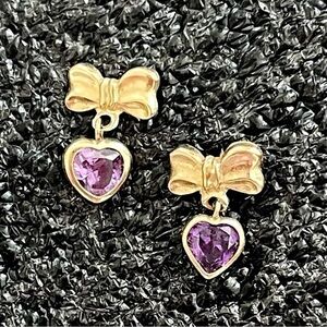 Purple Amethyst Heart Crystal Earrings with Gold Bow Design!